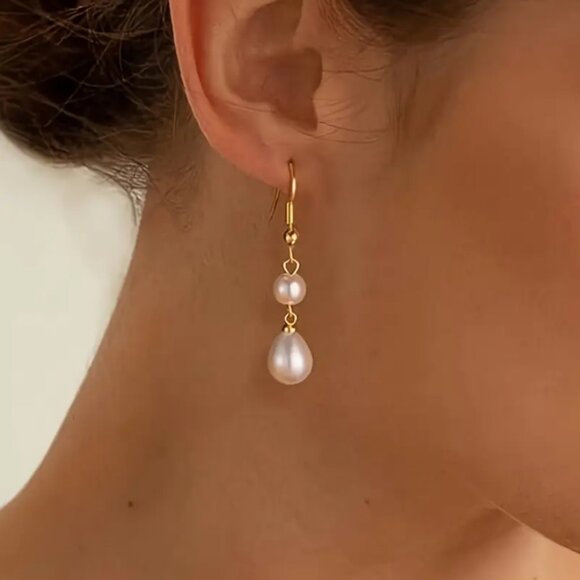 14K Gold Womens Hanging Drop Stacked Pearl Earrings Natural Freshwater Pearls main image 5